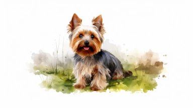 hyperrealistic ultra detailed watercolor clipart, Yorkshire terrier dog in the park like in a children's book, white background, in the style of digital print, clipart, illustration, sticker, ultra high definition, rich details, 32K, HD