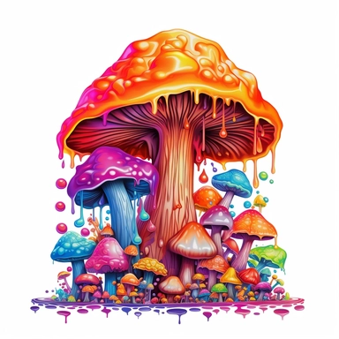 clipart mushroom, Psychedelic art, Acid Art, high resolution, neon rainbow colored, white background