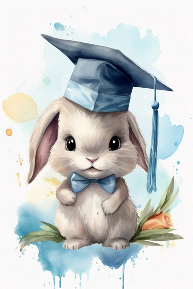 Create a watercolor clipart picture of a cute and happy baby bunny wearing a graduation cap. The bunny should have an adorable and delighted expression, with its fur depicted in soft watercolor textures. The graduation cap should be adorned with a tassel and placed on the bunny's head. Surround the bunny with celebratory elements such as confetti, balloons, and diplomas.
