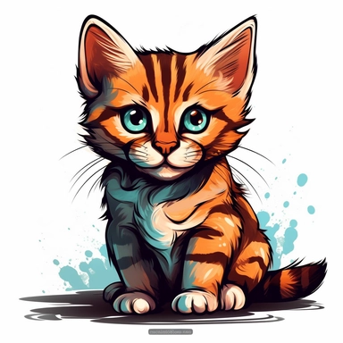 An adorable clipart design of a cute kitten with a cool and charismatic personality. The kitten is illustrated with a confident and strong appearance, showcasing its impressive physical attributes. The style of the artwork is cute and playful, with bold and vibrant colors that pop against the white background. The contour lines add depth and dimension to the image, making it a standout clipart design