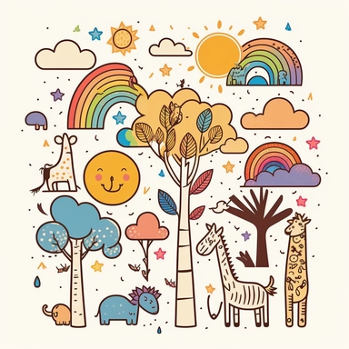Simple vector drawing of ZEBRAS, giraffes, rainbow trees, suns, clouds, clipart, basic shapes, solid colors, joyful, doodle, sticker design, icons lineart white background