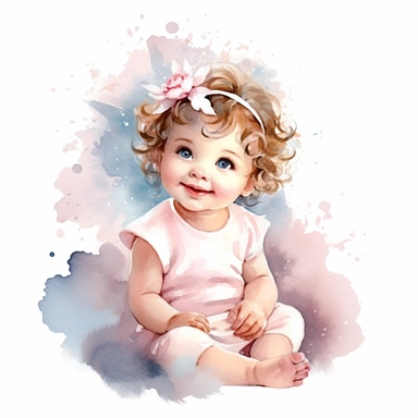 delightful watercolor image, full body cute newborn baby angel girl on white background, she is sitting on a cloud in pink dress and smiling gently. She has sparkling blue eyes twinkled with wonder and brown curls on her head, professional watercolor clipart, high resolution