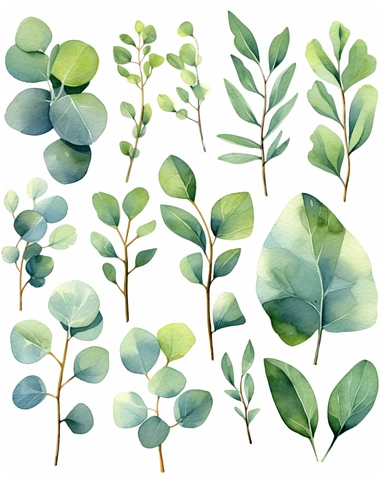 Eucalyptus leaves Watercolor Cliparts Illustrations isolated on white background “Photorealism” taken with macro lens 100 mm on a full-frame camera
