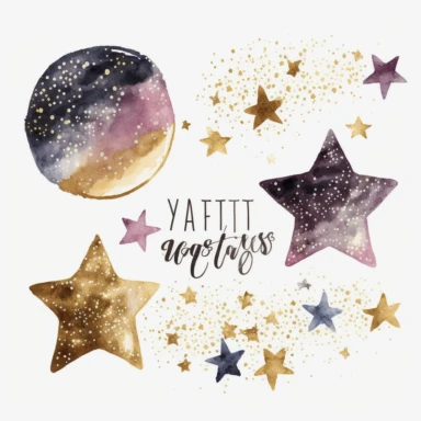 new years eve party, glitter, stars, watercolor, white background, clipart