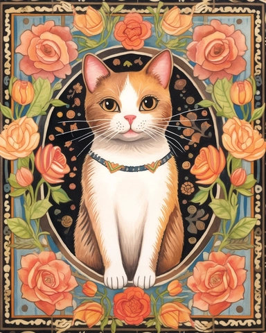 folk art clip art, colored chalk rendering, happy smiling, brown, white and black calico cat in center, full body perspective, with flowers, roses, leaves, pods on a clean white background, extra textured painting,