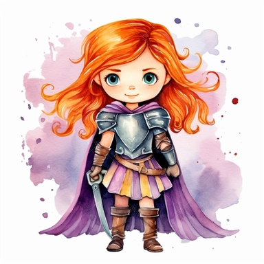 Clipart of a cute little girl brave happy warrior. She is red headed with green eyes. The background is watercolour. Cute and modern knight outfit. full body. wearing black and purple