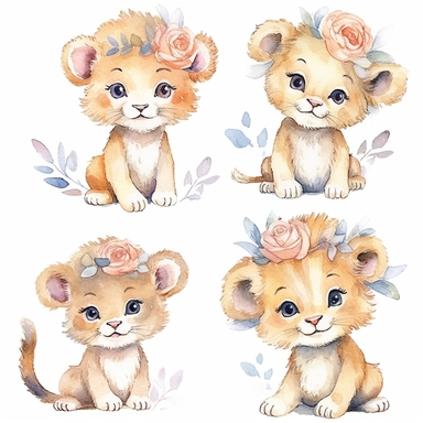 watercolor clipart with white background, baby lions, cute and adorable, clearly defined separate image, high quality--ar3:4-no mockups, watermarks, numbers, writing, letters--q2--v5.1--s1000