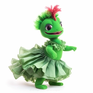 green baby girl Godzilla, looks like an alien, doing high step dance moves, wearing a designer dress made from Phoenix feathers , ultra high fashion, wearing ruby neck scarf, techno lighting, disney cuteness, plain white background, cutout clipart