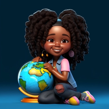 cartoon full figure children book illustration style, smiling, cartoon marvel comic book black sisters baby girl 5 years old, anime, beautiful cartoony 3D animation cartoon baby girl happy,smiling,dark black African-American, with wavy long tresses-jacket in the style of realistic color, palette, sitting on the world globe,studio portrait, bold curves, Crisp and clean look style full body,on white background, clipart