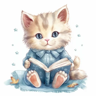 Cute little kitten reading a book, folk art, watercolor, pastel, clipart elements, kawaii, white background