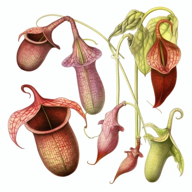 Clipart, vintage, watercolor, Nepepenthes Veitchii, Nepenthaceae, Carnivorous plant, botanical illustration, hand drawn, texture