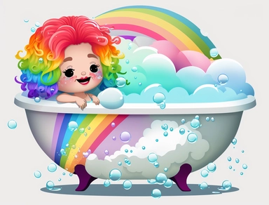 clipart image of white claw foot tub, cartoon little girl, rainbow hair, with pastel rainbow bubbles, transparent background, logo, png, high quality, 4k,