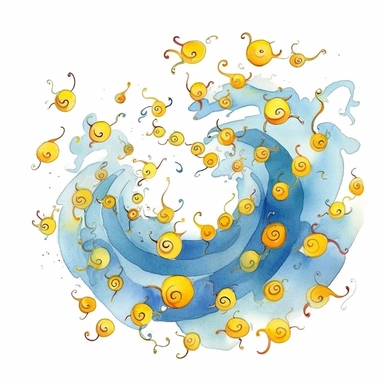 a lot of little yellow suns and blue clouds flying in a spiral. Pixar childrens book cartoon style, detailed, modern, urban, watercolor, full color, flat color, white background, children book illustration. Watercolor clipart. Pixar animation