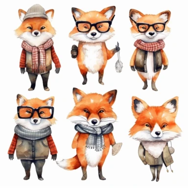 watercolor hipster fox, illustrations clipart set, simple, cartoon elements, different variants, separate elements with a margin