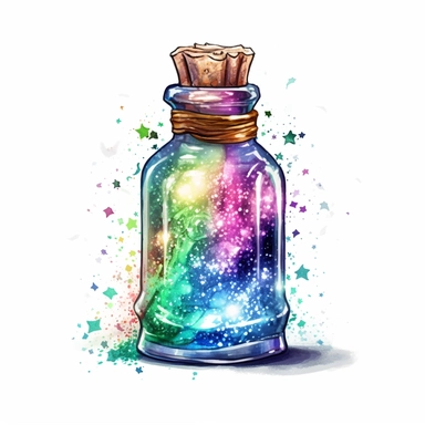 cartoon bottle of fairy dust, with a tag attached, glowing lights stars and sparkles, colors of green purple gold and blue, glamorous realistic and detailed, watercolor, white background with margins, clipart style