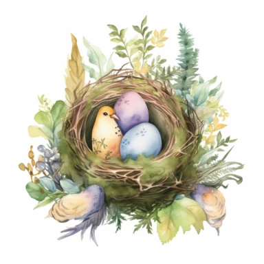 Illustrate a watercolor nest filled with magical eggs, surrounded by whimsical forest elements such as mushrooms, ferns, and moss-covered logs. This design can be incorporated into various clipart compositions or used as a standalone element for birth or new beginnings-themed projects.