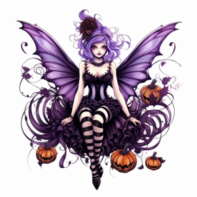 Halloween fairy, clipart, large purple,wings, black white stripes, pumpkin, isolated on white background, in the style of Amy Brown, beautiful fall floral, bright color, crisp lines, 8K, chaos 8