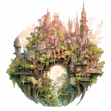 A whimsical watercolor design featuring a bioengineered cityscape, aquarelle fantasy clip art, biopunk fantasy, Marianne North, lush, Pierre-Joseph Redouté, intricate, moss green, petal pink, and earth brown, luminous, dramatic lighting, 8k resolution, zbrush, isolated on white background