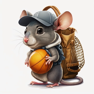 gray mouse with cap wearing backpack and holding a basket ball, boring mine, white background, clipart