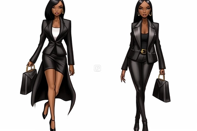 Naomi Campbell fashion Nova business cartoon, Black girl magic, clipart Contemporary black art version clipart of two happy ultra beautiful African American business women Black girl magic African American boss lady blue and white Louis Vuitton Rhinestone Ribbed Knit Dress and leather pumps standing while shaking anatomically correct hands after selling a large luxury house, both wearing expensive suits and leather shoes out doors, well lit, white background, taken with Canon