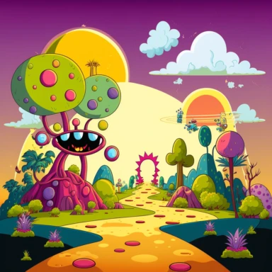 cartoon martian park, clipart clean lines, cute, child friendly, lake, blue/pink sky, orange sun, white clouds, lots of green and purple trees and plants, yellow/red dusty paths, alien insects