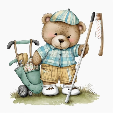 cute Teddy Bear playing golf and wearing vintage golf summer clothes Illustration, Sublimation graphics, by Beatrix Potter, Watercolor clipart, single design, white background