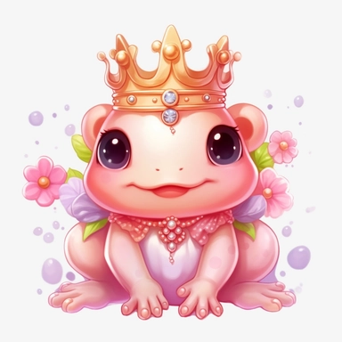 kawaii frog, happy and smiling, sticker, bold line, clipart, white background, many details, flowers, crown, gems, doll, pink, white background, 8k detail