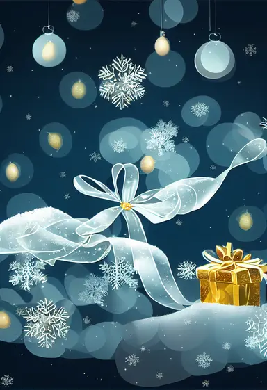 Christmas gift box, clipart, anime, christmas background, white snow, flooded with celestial starry waters, big glass windows with billowing, floral drapery,
