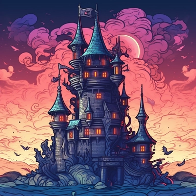 Create One clipart inspired by Sorcerer's Tower: Develop clipart showcasing a majestic sorcerer's tower or castle from a fantasy book. Include intricate architectural details, turrets, and magical elements like glowing windows, swirling mists, or flying broomsticks to evoke a sense of enchantment. in 4K. so it can be used in fantasy books. in cozzy watercolor style