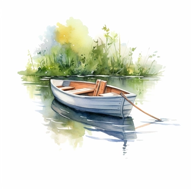 row boat, small creek, clipart, illustration, summer, water color, white background, high detail