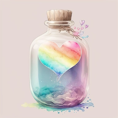 rainbow dream illusion pastel color water white background clear old rustic Heart Bottle classic potion Valentine's Day Clipart vintage watercolorrgb