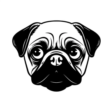 Simple outline of a front - facing crooked head happy Pug dog head peeking with front paws, cute clipart, flat 2d vector, minimalist, black and white, kids cartoon, svg cut file, line art drawing, white isolated background