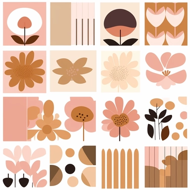 pink and brown flower clipart set, in the style of victor pasmore, light orange and light pink, free brushwork, henri rousseau, stencils, mural-like compositions, elsa beskow