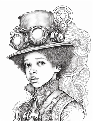 three quarter shot of a hand drawn coloring page of vintage steampunk gorgeous african american baby boy, clipart, white background