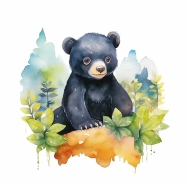 Watercolor baby Sun bear in rainforest clipart, for childish cards, illustration style, on white background, detailed, hd