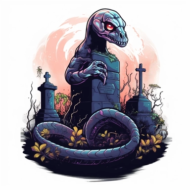 baby snake with the graveyard in the back clipart, cyberpunk, isolated on white background, hd, t-shirt design, glowing