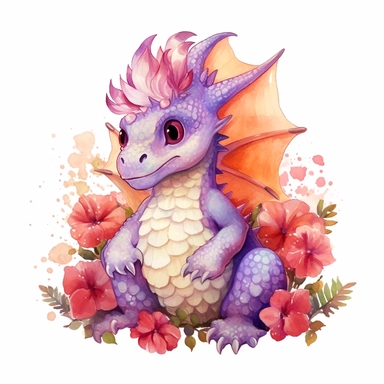 Watercolor fantasy baby dragon clipart full body, sitting, surrounded by flowers, red and purple color palette, hand painted, white background