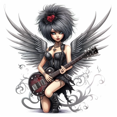a beautiful fairy, punk rock star with guitar, cartoon, big wings, clipart, white background