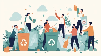 people throwing out trash in recycling bins, greenery, imaginative, cute, fun, in the style of Clipart