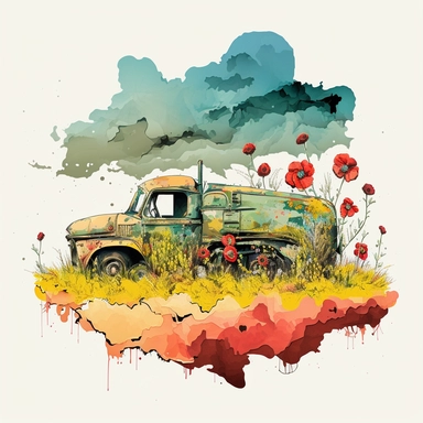 a field of plants and grass with yellow flowers, a massive cloud in the background and a an old broken down red truck in the middle of the field with mould on the paint and plant life growing inside it on a nice summers day, floral illustration vector clipart alcohol ink,--v 5