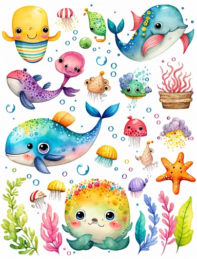 watercolor cute marine animals elements, clipart, vibrant rainbow colors, white background, 8k, high reso
