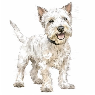 babywesthighland white terrier, short pointed ears, happy, whole body, standing, clipart, hand-drawn clipart, realistic, clear lines, neutral watercolor, isolated, white background,