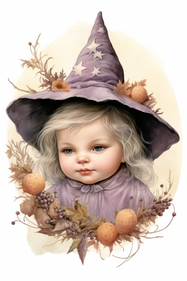 clipart, realistic newborn witch, pastel colors, vintage style
