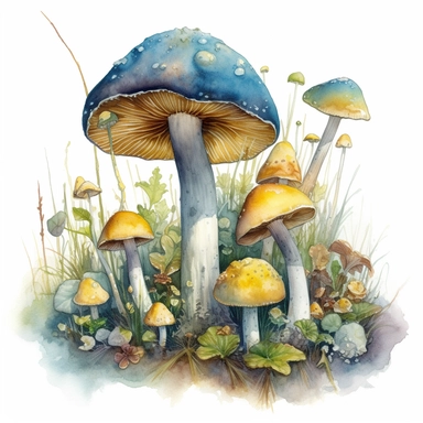 watercolor, hyper realistic, white background, white margins, 16k, ultra detailed clipart, cut out image, hand-drawn illustration style for picture books A group of magical, glowing mushrooms in shades of blue, green, and yellow, fantasy setting