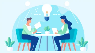 a simple flat microsoft office clip art style illustration of a woman and a man in the office reviewing an important contract in their hands, idea light bulb lights up in the air on one of their head, light green blue white pastel color palette