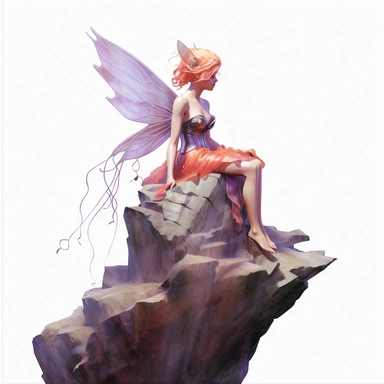 clipart of a nature fairy sitting on some rocks with purple wings, in the style of light red and light orange, eve ventrue, jeff danziger, eerily realistic, light red and dark green, nabis, commission for, clipart, blank white background