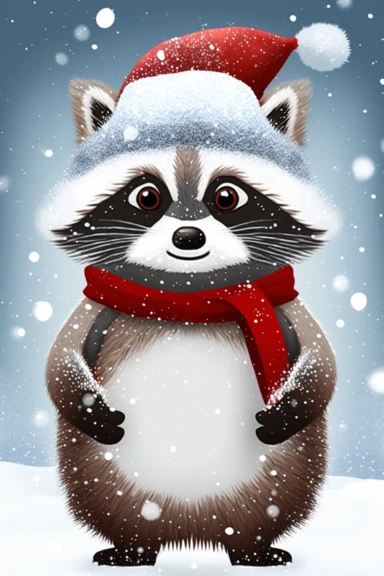 no text, winter wonderland background with snow and snowflakes, 3d whole body clipart of a smiling, friendly racoon, wearing a santa clause hat, christmas vibes, cartoon network style, friendly face, head unproportionally bigger than body, detailed body shape, front shot, insanely big shiny eyes, caricatured face, insanely glossy, plastic like fur and skin, unrealistic, 8k photography, cinematic, super cute face, Photography, Ultra-Wide Angle, Depth of Field, hyper-detailed, beautifully color-co