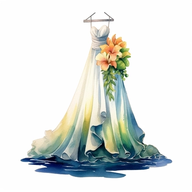 Design a captivating watercolor clipart of a beautiful wedding dress in white, showcasing its lightweight fabric and delicate details, capturing the essence of your romantic beach wedding attire ,Weeding on the beach, Watercolor, Detailed, sweet, majestic, high resolition, transparent background, no captions