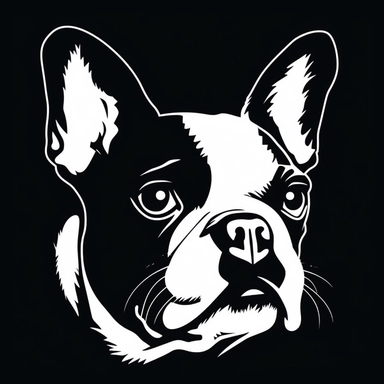 the image of a white Boston Terrier on black is shown, in the style of stencil art, heavy outlines, flickr, hard edge, sculpted, woodcut, clipart cut file cuttable cricut vector