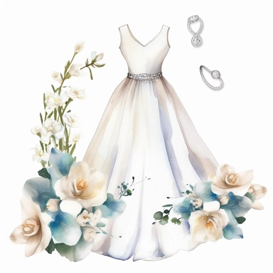 watercolor elegance Wedding dress clipart, with white roses, charming jewelry, hd, isolated on white background, space out